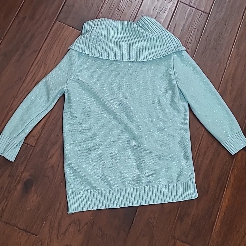New York & Company Aqua Cowl Neck Sweater with Silver Threading size Large